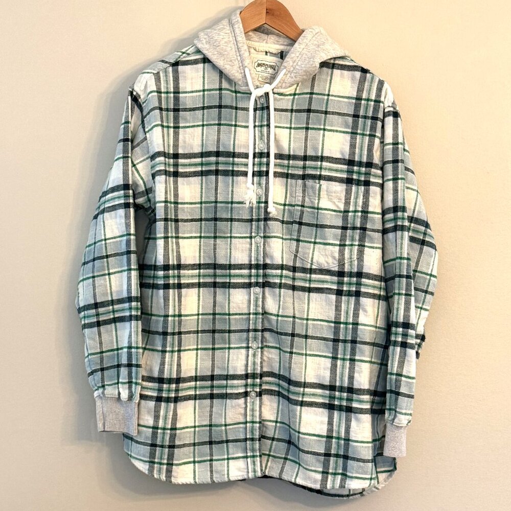 American Eagle Women's Green Plaid Button Up Hoodie